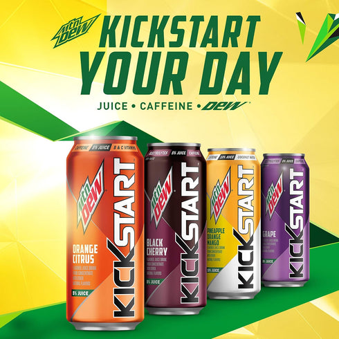 92mg 80 5% 16 oz (12 Count) Mountain Dew Kickstart, Black Cherry, Caffeine, Vitamins B & C, Calories, Juice, fl