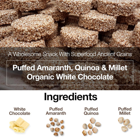 4-Pack 2oz Paktli Organic Alegra Bites White Chocolate Covered Ancient Grains, Four Bags, Organic Amaranth, Quinoa