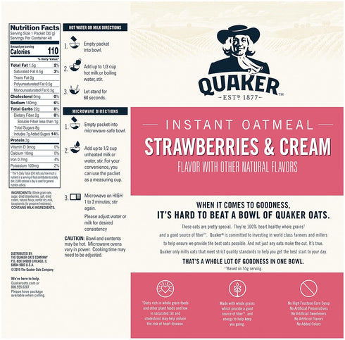 Packets, 1.05 (Pack 48) Quaker Instant Oatmeal, Strawberries and Cream, Individual Ounce