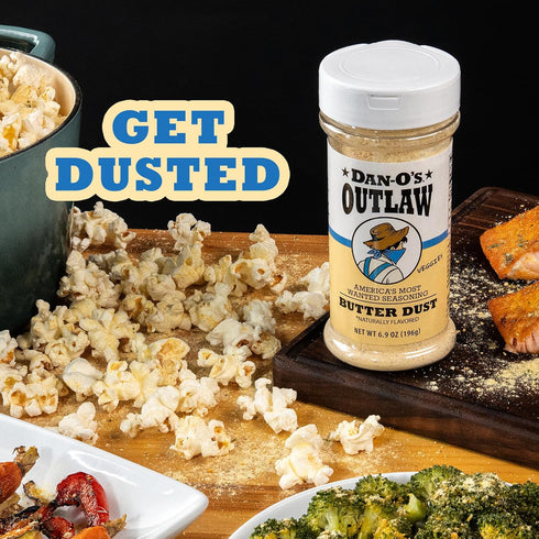6.9 oz Dan-Os Outlaw Butter Dust Seasoning Buttery All Purpose Seasoning for Chicken, Vegetables & Popcorn Sugar Free