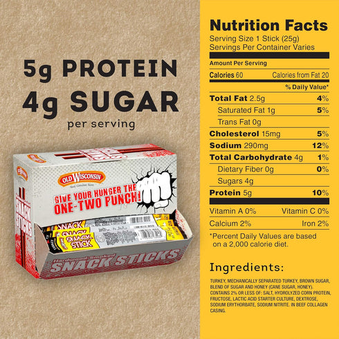 Old Wisconsin Counter Pack 42 Honey Turkey Sausage Snack Sticks, Naturally Smoked, Ready to Eat, High Protein, Low