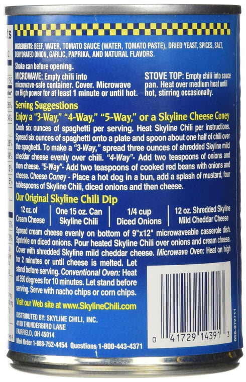 15 oz (6-Pack) Skyline Chili, Cans Authentic Cincinnati-Style Ground Beef, No Beans, High-Protein Hot Dog Sauce, Ready
