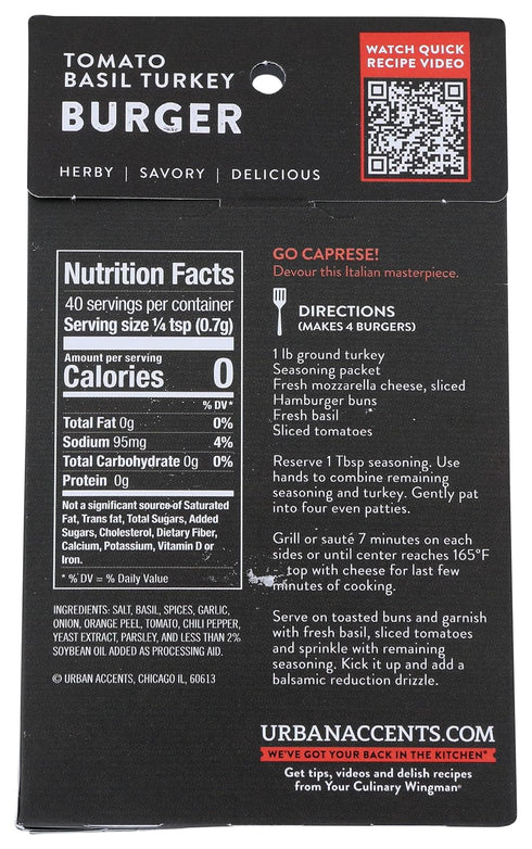 Urban Accents 1 (Pack 6) Tomato Basil Turkey Burger, Herby Mediterranean Mix, Gluten Free, Ounces