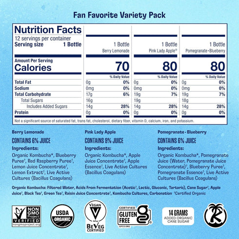 Pack 12 Pack (16 Oz Health-Ade Fan Favorite Variety Kombucha Tea, Organic Drink with Living Probiotics, Detoxifying