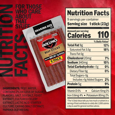 100% 7.2 Oz. Jack Link's Beef Sticks, Original Flavor Meat Snack Stick - Protein Snack, Meat Stick, Made with Beef