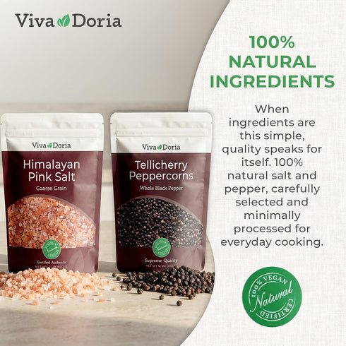 12 oz 2 lb 2 Set Viva Doria Tellicherry Whole Black Peppercorns, & Himalayan Pink Salt, Coarse Grain, | Salt and Pepper