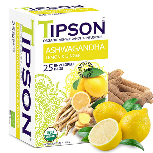 Tipson Organic Ashwagandha Tea Infusions - Lemon & Ginger, 25 Premium Tea Bags, Caffeine Free, Non-GMO