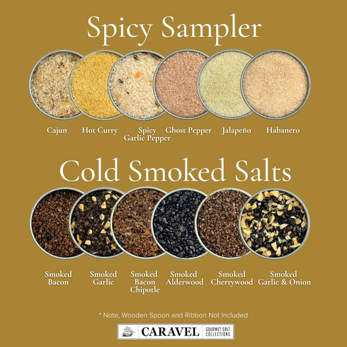 12-Flavor 0.5 oz Pack Set Smoked & Spicy Sea Salt Sampler Collection Cooking Salts Bundle in Reusable Tin Each Smoky