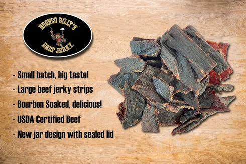 8oz Bronco Billy's Beef Jerky Bourbon Soaked Half Pound Jar - - New Jar Design