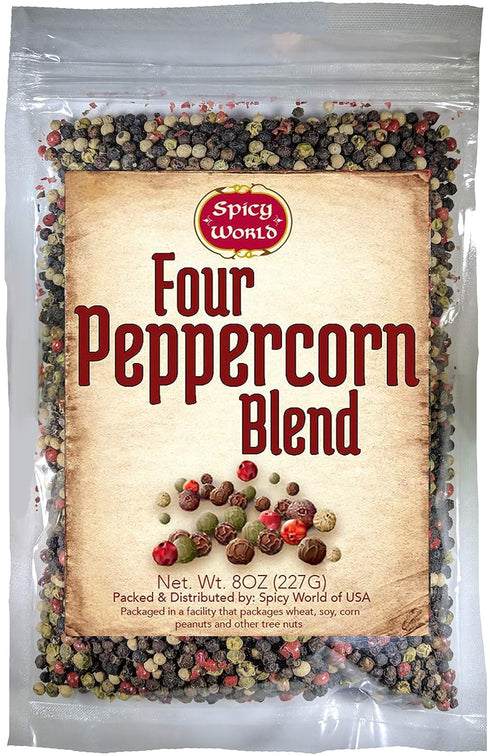 Spicy World Four Peppercorn Rainbow Blend, 8 Oz - Whole Black, Green, White & Pink Peppercorns