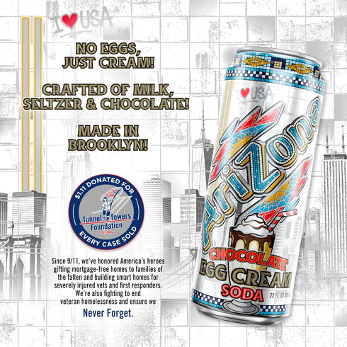 22 Oz (Pack 12) AriZona Chocolate Egg Cream Soda, Tunnels to Towers Foundation - Big Can, Fl