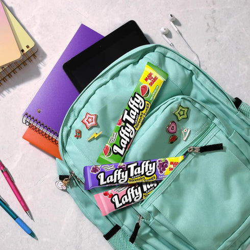1.5 (Pack 24) Laffy Taffy Stretchy & Tangy Variety Candy Box, Grape, Watermelon, and Cherry Flavors, Ounce Bars
