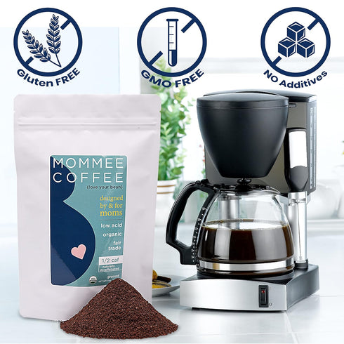 Mommee 100% 11 oz Coffee Half Caf Ground Low Acid Coffee - Arabica Organic Coffee Beans with Smooth Caramel Flavor