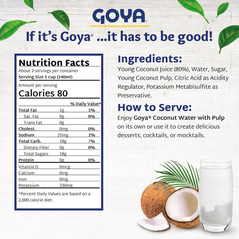 2-Pack (17.6 oz Goya Pure Coconut Water with Pulp, Tropical Hydration with Real Fruit, Great for Smoothies, Snacks