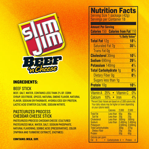 8g 1.5 oz. (18 Count) Slim Jim Beef 'N Cheese Smoked Meat Sticks, Mild Flavor, Protein Per Serving