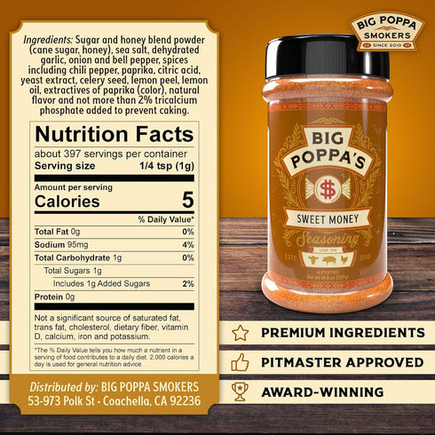 (14 Oz) Big Poppas Sweet Money BBQ Rub Prize-Winning Sweet & Savory Pork Seasoning with Granulated Honey Gluten-Free