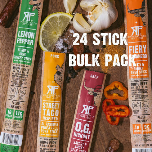 100% 210g Pack, 24 Count Righteous Felon Variety Meat Sticks | Grass Fed Beef, Turkey & Pork | Total Protein |