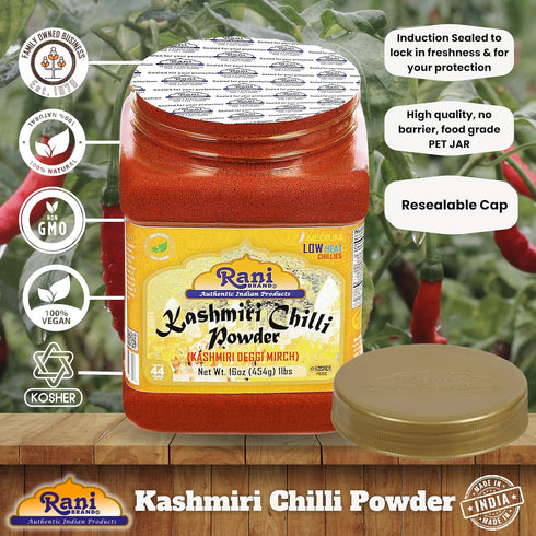 16oz (1lb) 454g Rani Kashmiri Chilli Powder (Deggi Mirch, Low Heat) Ground Indian Spice PET Jar ~ All Natural |