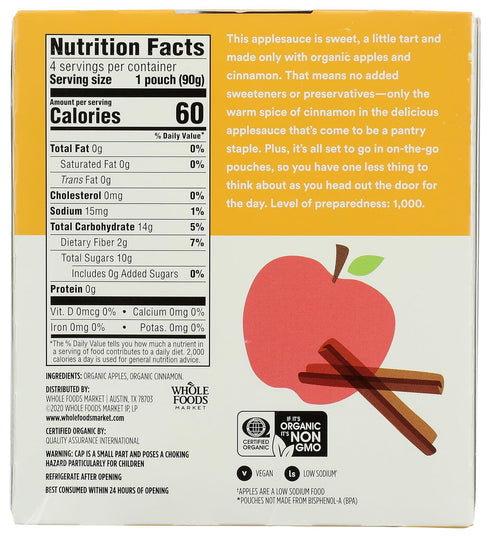 365 3.2 (Pack 4) by Whole Foods Market, Organic Cinnamon Applesauce Pouches, Unsweetened, Ounce