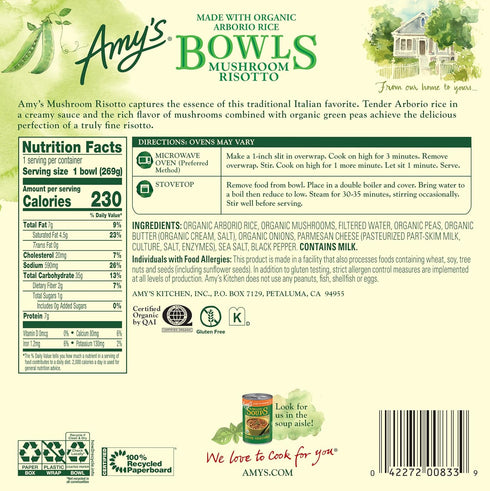 Frozen 9.5 oz Amy's Meals, Mushroom Risotto Bowl, Made with Parmesan Cheese, Gluten Free