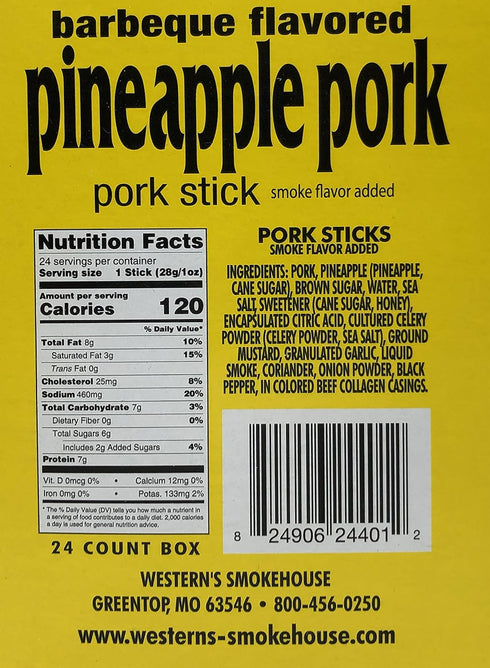 Pack 24 (1.0 Western's Smokehouse Meat Sticks Barbeque & Pineapple Pork Jerky Sticks of Meat Sticks Individually