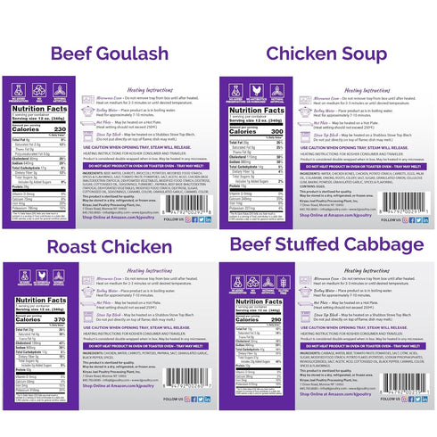 (4 Pack KJ Poultry Kosher for Passover Gluten Free Meals, Matzo Ball Chicken Soup + Beef Goulash + Roast Chicken +