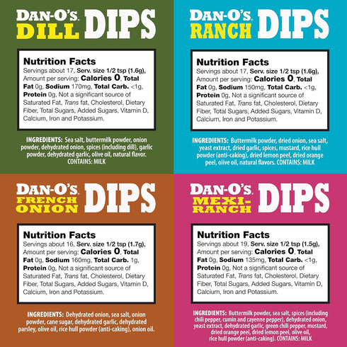 Pack (16 Pack) Packets Dan-Os Dips Variety Ranch, Mexi-Ranch, French Onion & Dill Dip Mixes All-Natural Seasoning Just