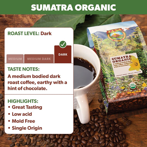 1LB Low Acid Organic Coffee Whole Bean, Mold-Free & Stomach Friendly by Java Planet, Sumatran Single Origin Coffee
