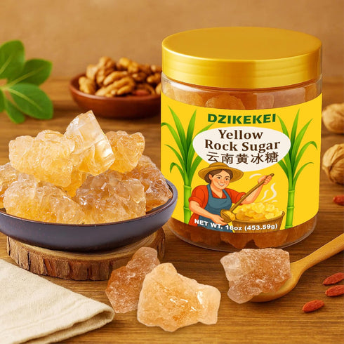 dzikekei 16oz 100% Yellow Rock Sugar Crystals - Natural Made from Cane Sugar, Medium-Sized Rock Sugar Crystals for Pho