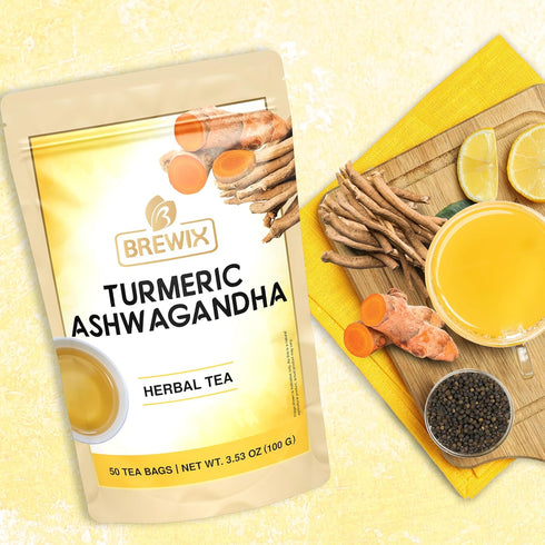 BREWIX Turmeric Ashwagandha Herbal Tea Bags (50 Pyramid Tea Bags) - Real Ingredients from India, Caffeine Free &