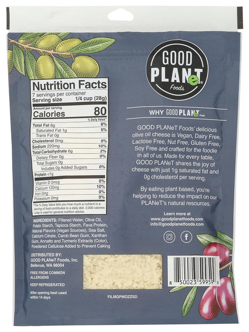 Mozzerella 7 Good Planet, Shreds Olive Oil, Ounce