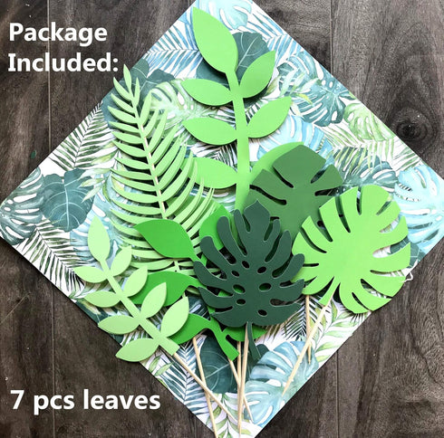 LaVenty Set of 7 Glittery Tropical Leaves Cake Topper for Tropical Wedding Cake Decoration