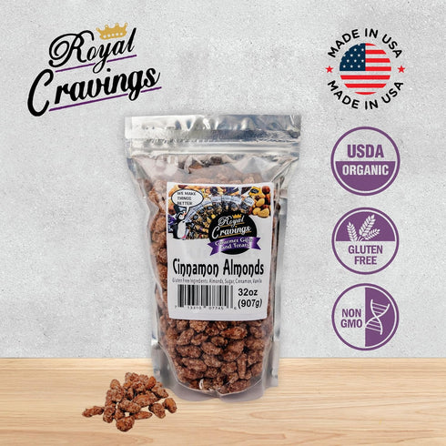 2 lb Royal Cravings - Cinnamon Almonds - Sweet & Salty Crunch Snack for Gifting, Sharing & Dessert Topping - Resealable