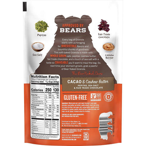 11oz Bear Naked, Granola, Cacao and Cashew Butter, Vegan and Gluten Free, Bag