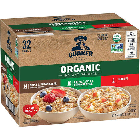 QUAKER Instant Oatmeal, USDA Organic, Non-GMO Project Verified, 3 Flavor Variety Pack,