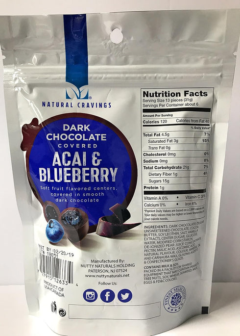7oz Package Chocolate Covered Blueberries and Acai Berries - of Delicious Dark Chocolate Covered Blueberry and Acai