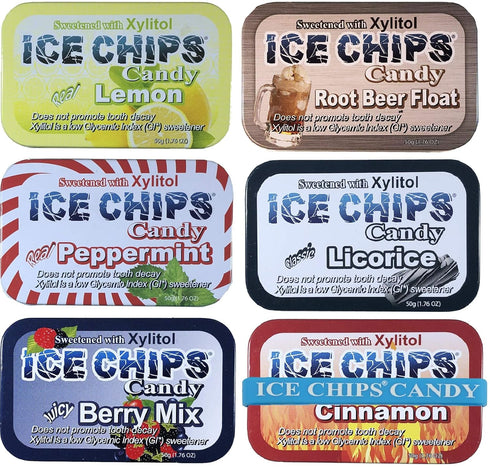 ICE CHIPS Xylitol Candy 6 Tins (Variety Pack); Low Carb, Gluten Free - includes