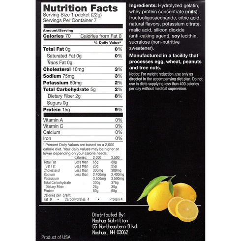 15g 1 Pack 7 Proti-Thin High Protein Lemon Instant Drink Mix, Protein, Low Calorie, Sugar-Free, Gluten-Free