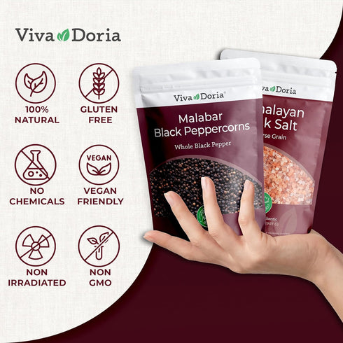 12 Oz 2 lb Pack Pack Viva Doria Malabar Whole Black Peppercorns, & Himalayan Pink Salt, Coarse Grain, | Mineral Salt