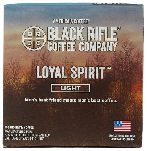 12 Count 4.6-ounce Black Rifle Coffee Company Loyal Spirit Single Serve Coffee Pods, Light Roast, K-cup pods, box
