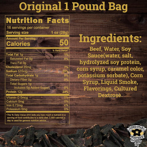 1 Lone Star Original Flavored Beef Jerky - Pound Resealable Bag - Hickory Smoked Handcrafted Flavor - High Protein