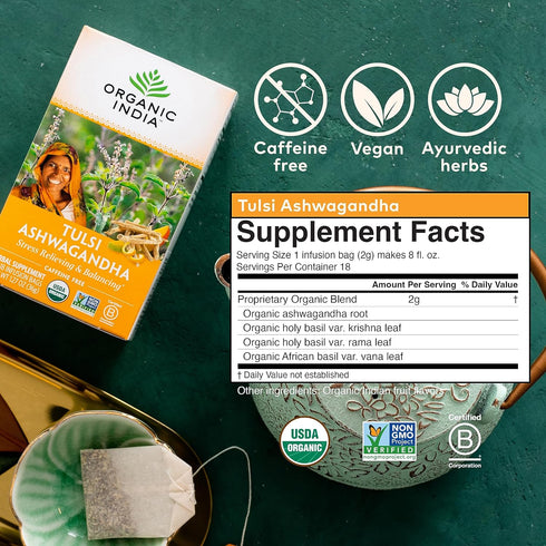 18 3 Pack ORGANIC INDIA Calming Tulsi Ashwagandha Herbal Tea - Holy Basil Tea with Ashwagandha Root, Supports Restful