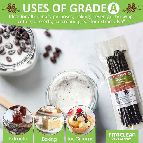 11 Madagascar Organic Vanilla Beans Grade A, Certified USDA Organic ~6" by FITNCLEAN VANILLA for Cooking and Baking