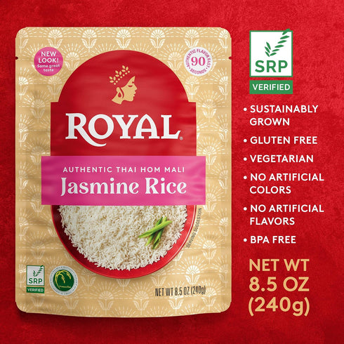 8.5 oz (Pack 4) Royal Authentic Thai Hom Mali Jasmine Rice - Microwave Rice Dinner Side Dish - Ready to Heat White Rice