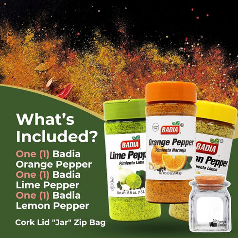 Forever Festive Set: 6.5 Oz Gourmet Seasoning Includes Badia Lemon Pepper, Badia Lime Pepper & Badia Orange Pepper