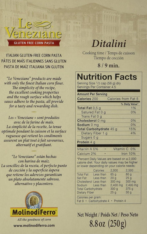 Le Veneziane Italian Gluten Free Corn Pasta, Ditalini, 250g