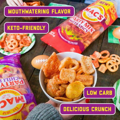 4oz (9-Pack Mac's Chili Lime Pork Skins Party Mix - Chili Lime Flavored Chicharrones Pork Rinds - Party Mix)