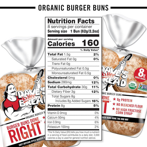 8 Count Dave's Killer Bread Burger Buns Done Right, Organic White Bread Hamburger Buns