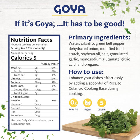 Recaito Culantro Cooking Base by Goya - Cilantro Cooking Base with Onions, Garlic, Green Bell Peppers, Latino