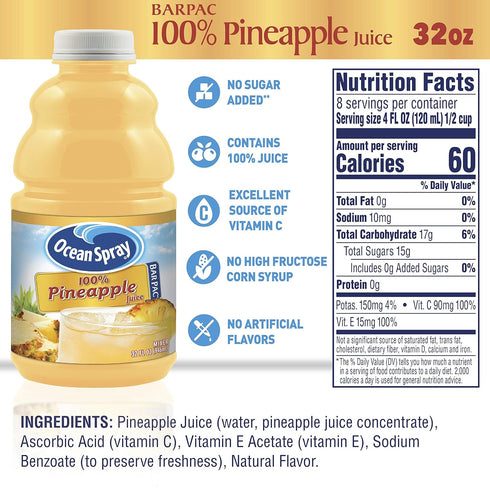 100% 32 (Pack 12) Ocean Spray BarPac Mixer Bottle, Pineapple, Ounce